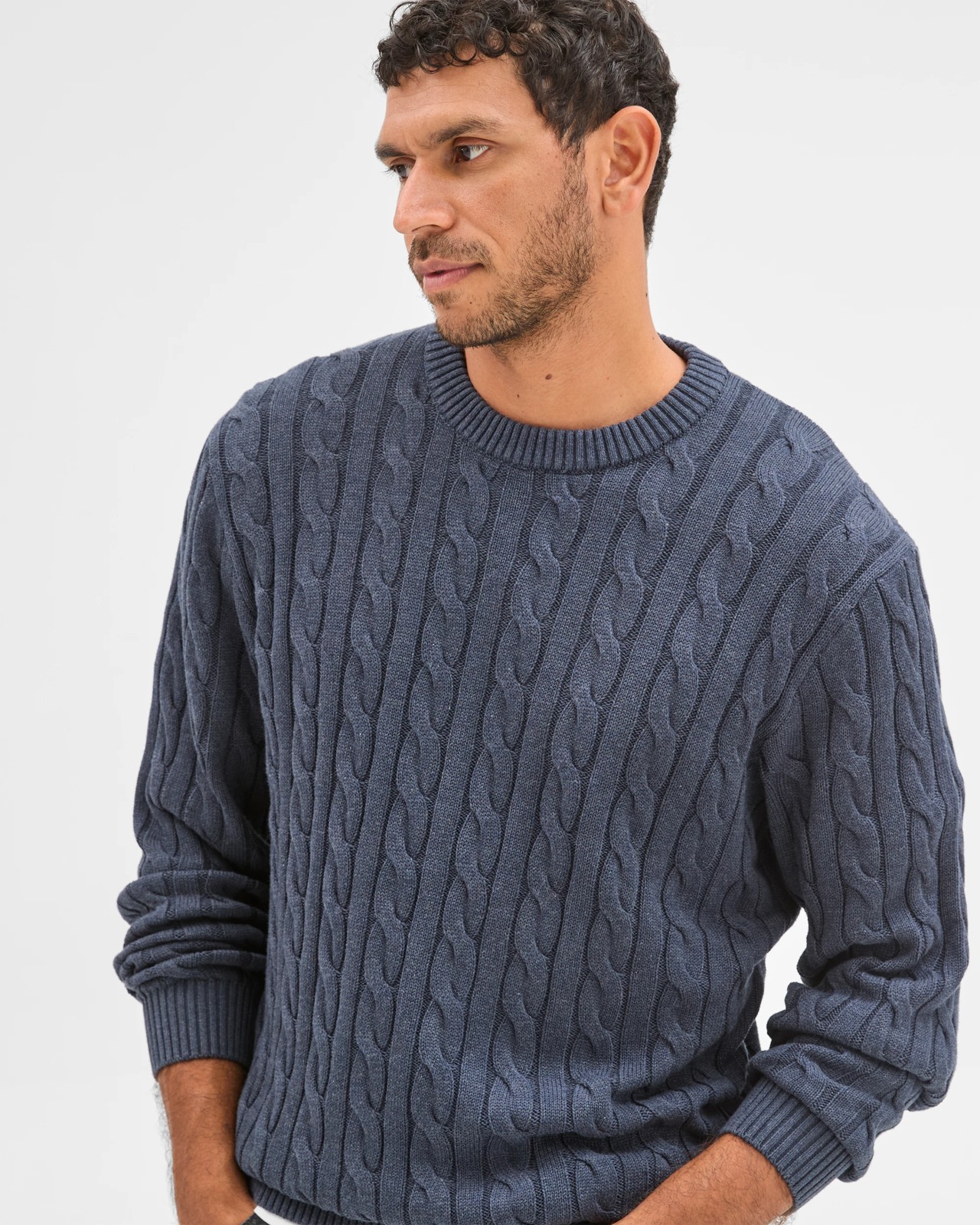 Australian Cotton Midweight Cable Knit Sweater - Navy Marle 4 of 6