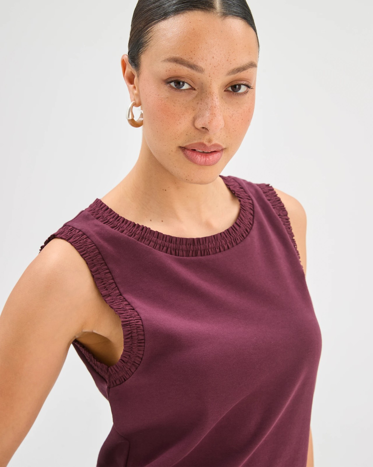 Australian Cotton Gathered Trim Tank Top - Merlot 3 of 5