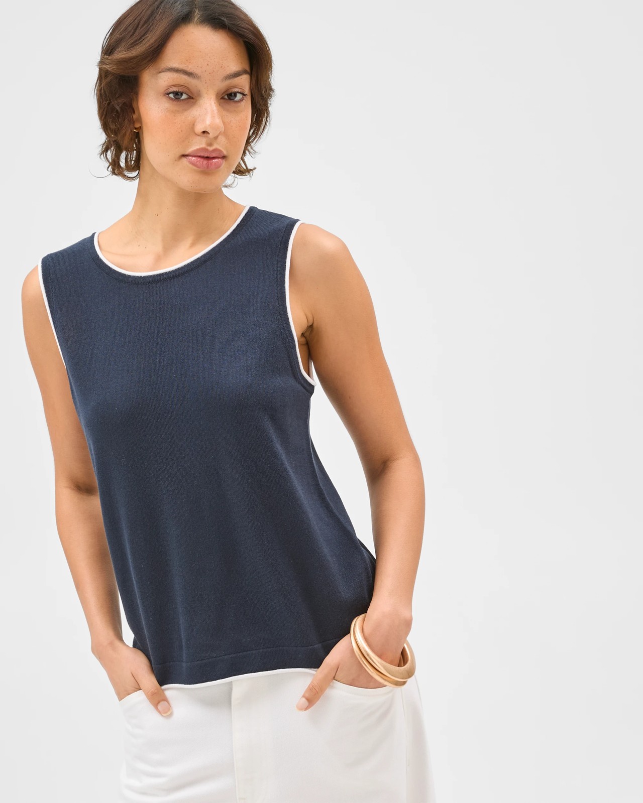 Contrast Trim Knit Tank Top -  Navy + White 4 of 5