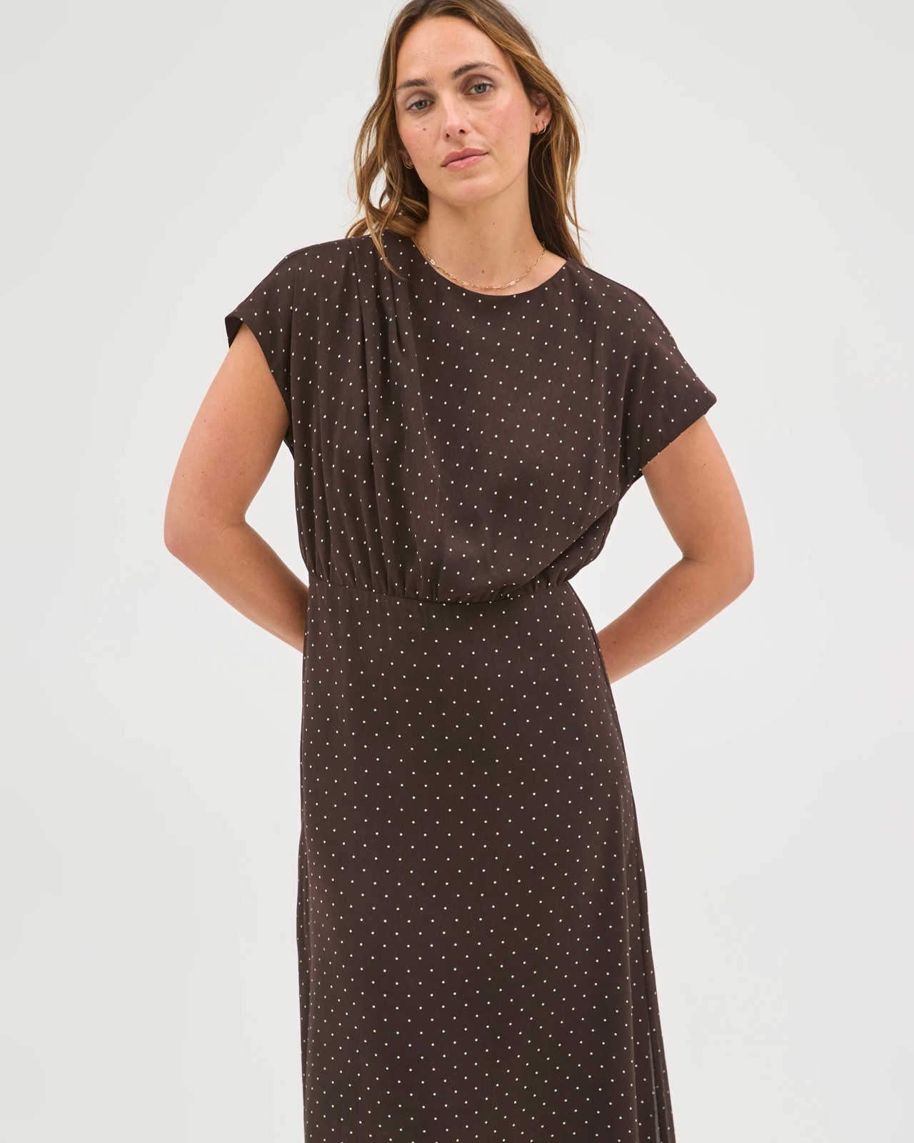Preview Sheer Drape Front Midi Dress - Coffee Bean Spot 2 of 6