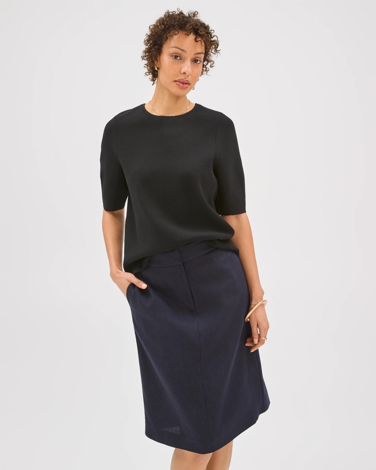 Preview Linen Blend Tailored Pencil Skirt - Ink Navy 2 of 6