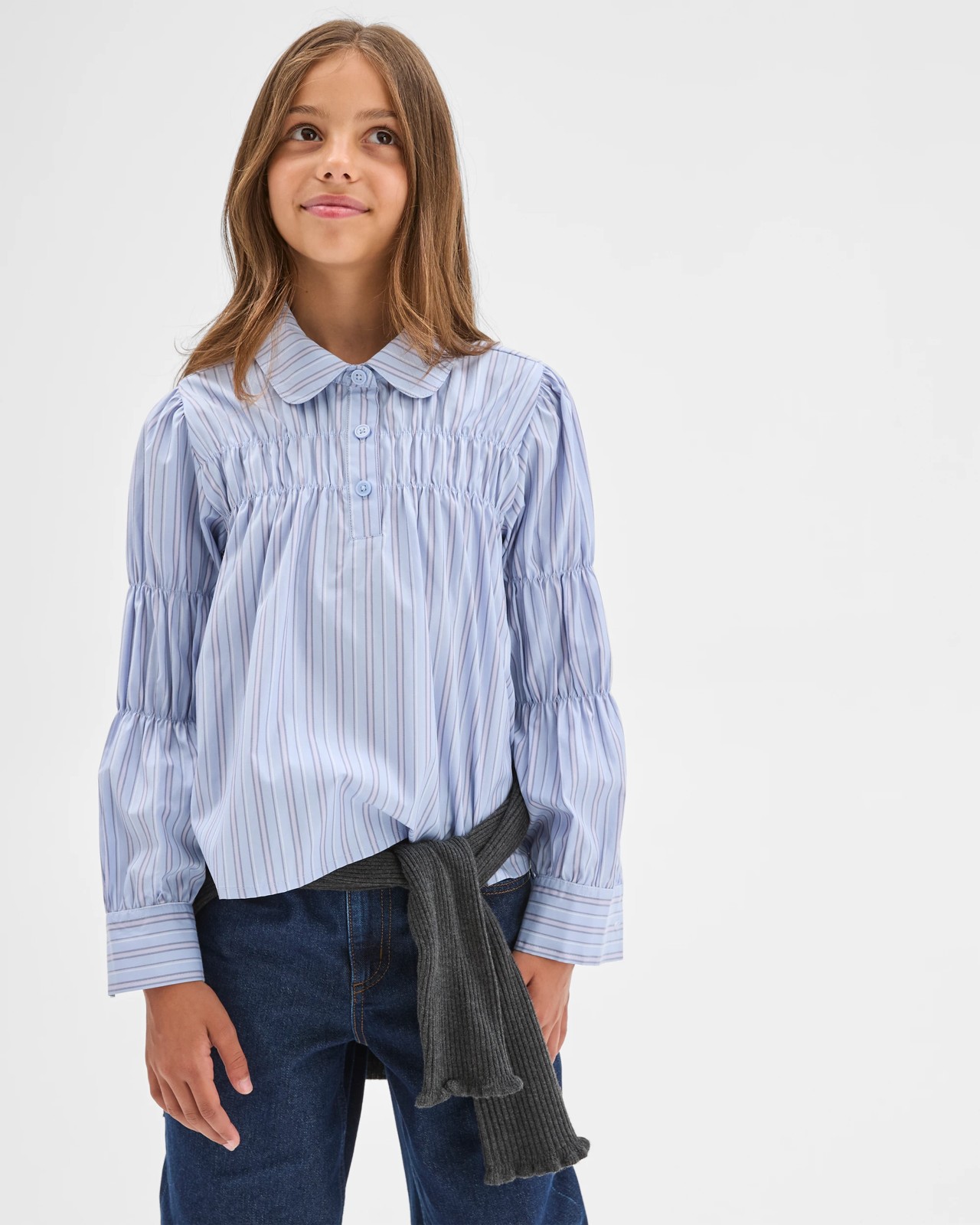 Long Sleeve Ruched Pinstripe Shirt - Blue 3 of 5