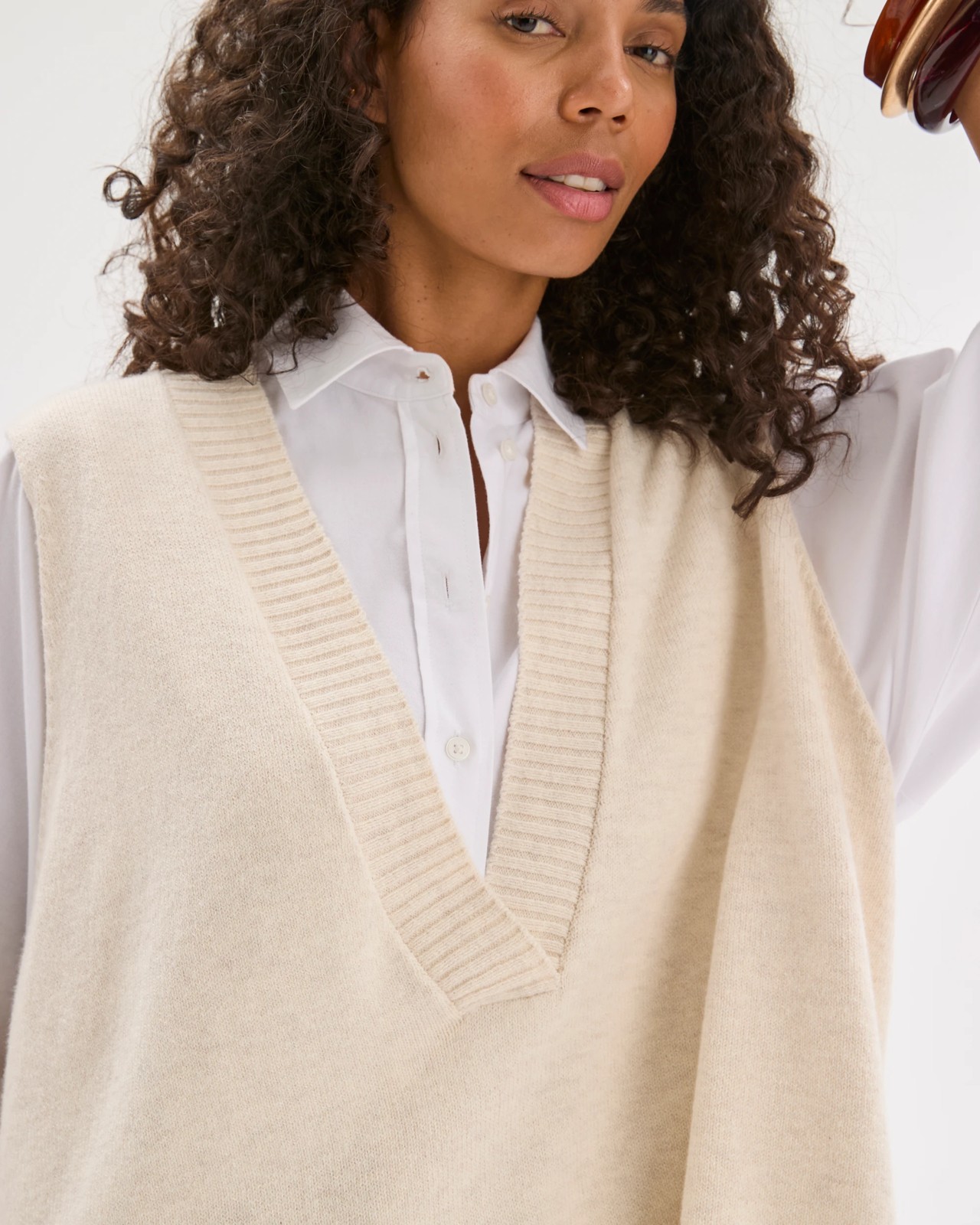 Australian Cotton Blend Deep V-Neck Oversized Knit Vest - Cream Marle 3 of 5