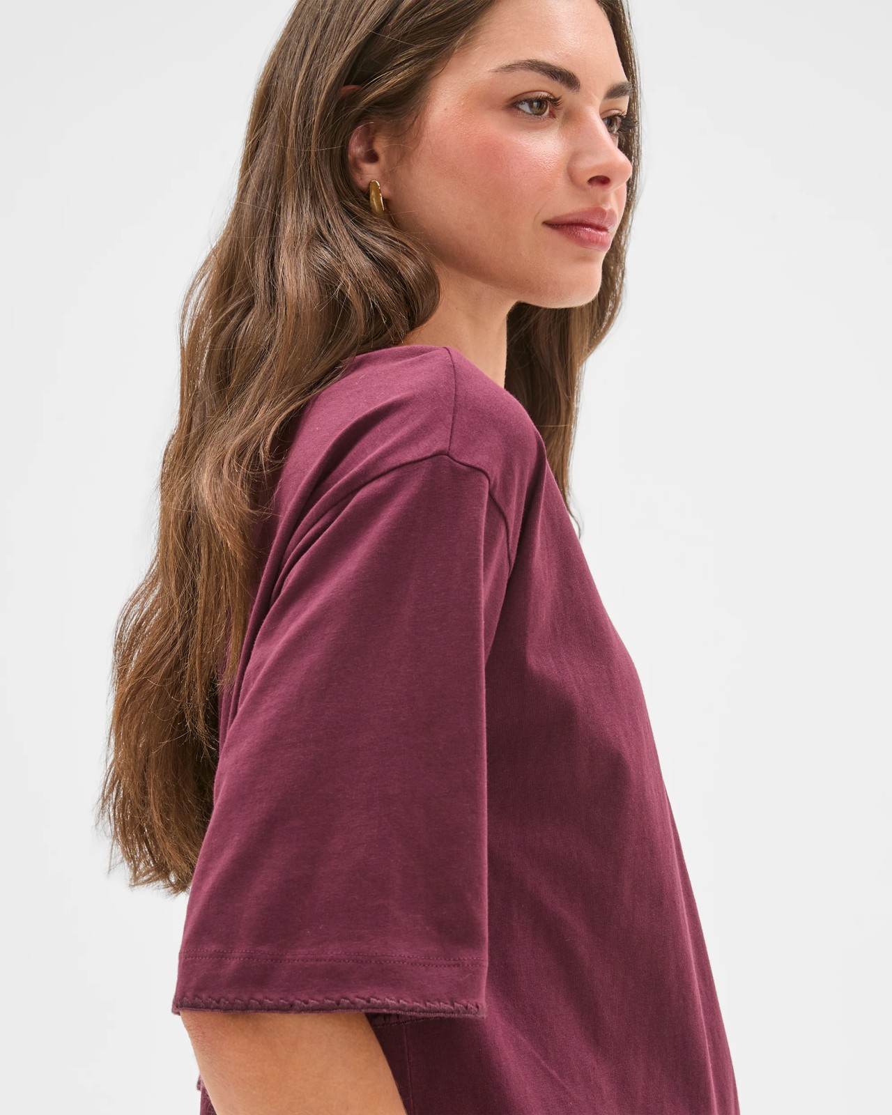 Petites Australian Cotton Stitch Detail T-Shirt - Merlot Brown 4 of 6