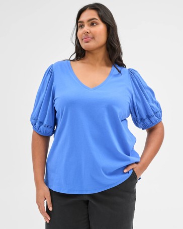 Plus Size Puff Sleeve Knit/Woven Top