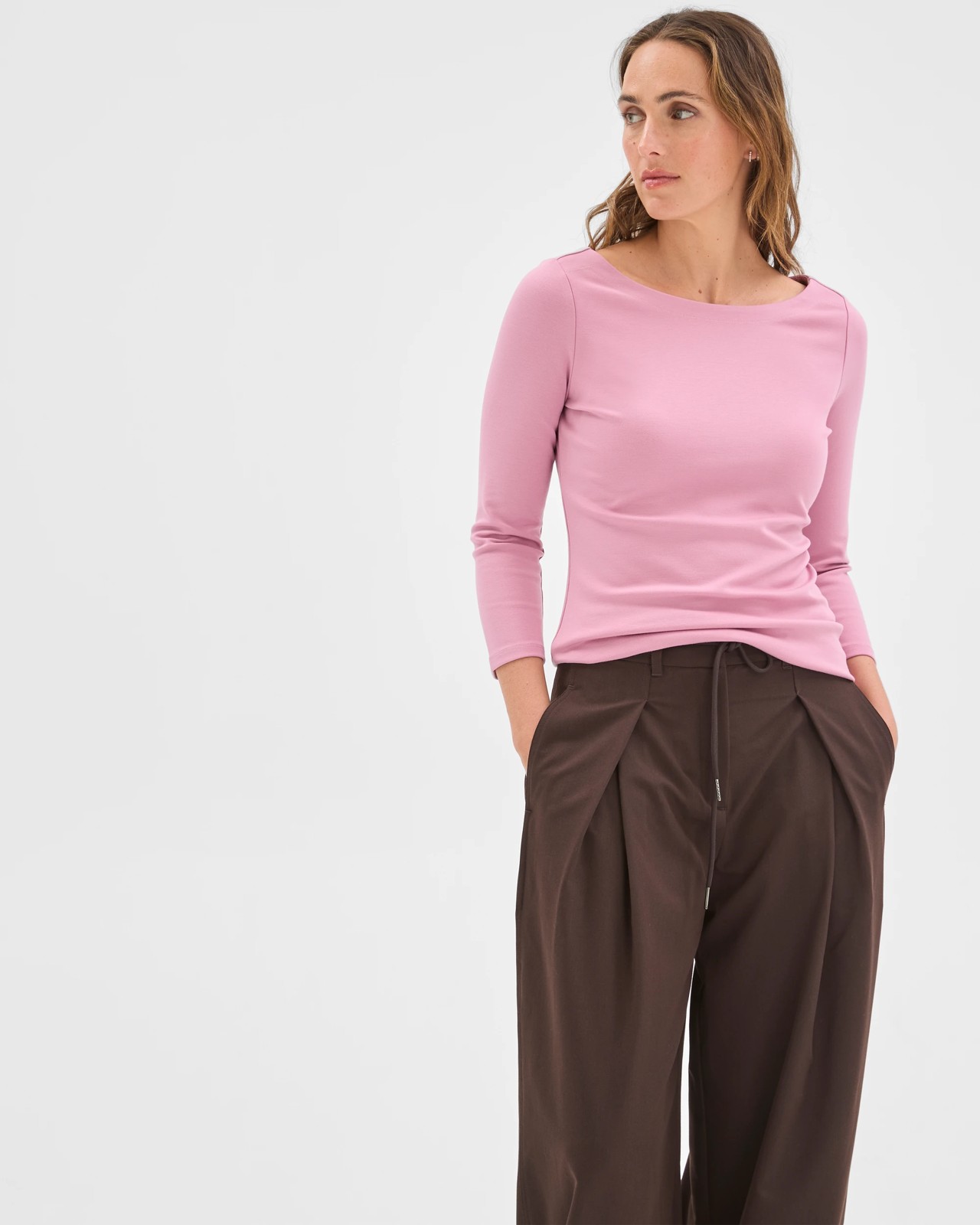 Preview 3/4 Sleeve Boat Neck Ponte T-Shirt - Whipped Berry 2 of 5