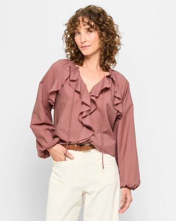 Australian Cotton Blend Long Sleeve Frill Detail Top