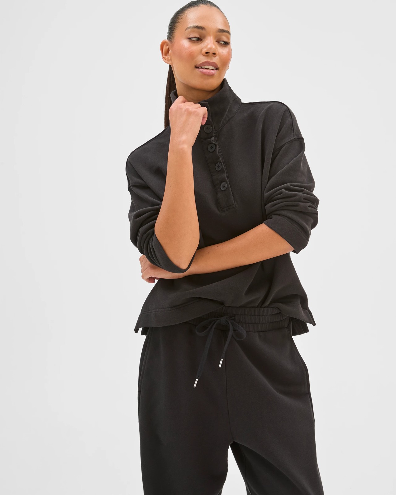 Australian Cotton Funnel Neck Button Front Jumper - Washed Black 2 of 5