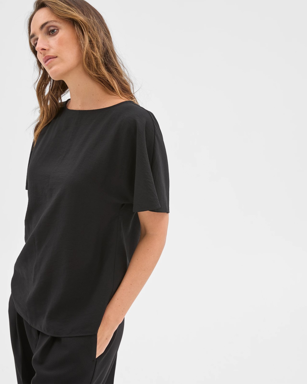 Preview Short Flutter Sleeve Textured Blouse - Black 3 of 6