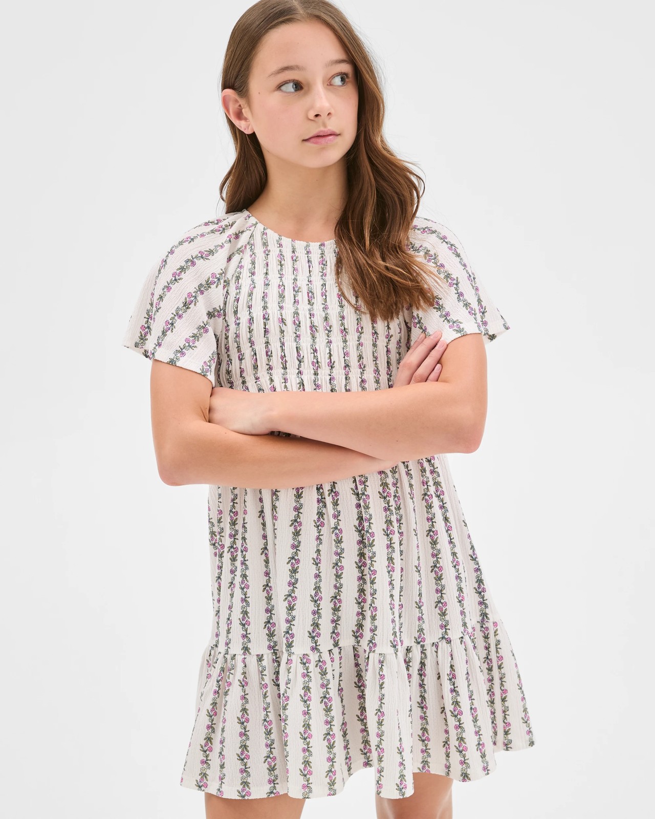 Flutter Sleeve Textured Knit Dress - Floral Stripe Cream 2 of 5