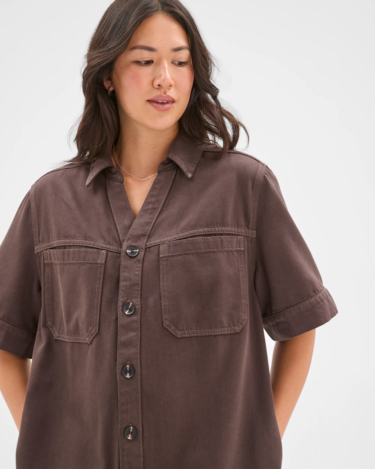 Short Sleeve V-Neck Denim Shirt Dress 2 of 5