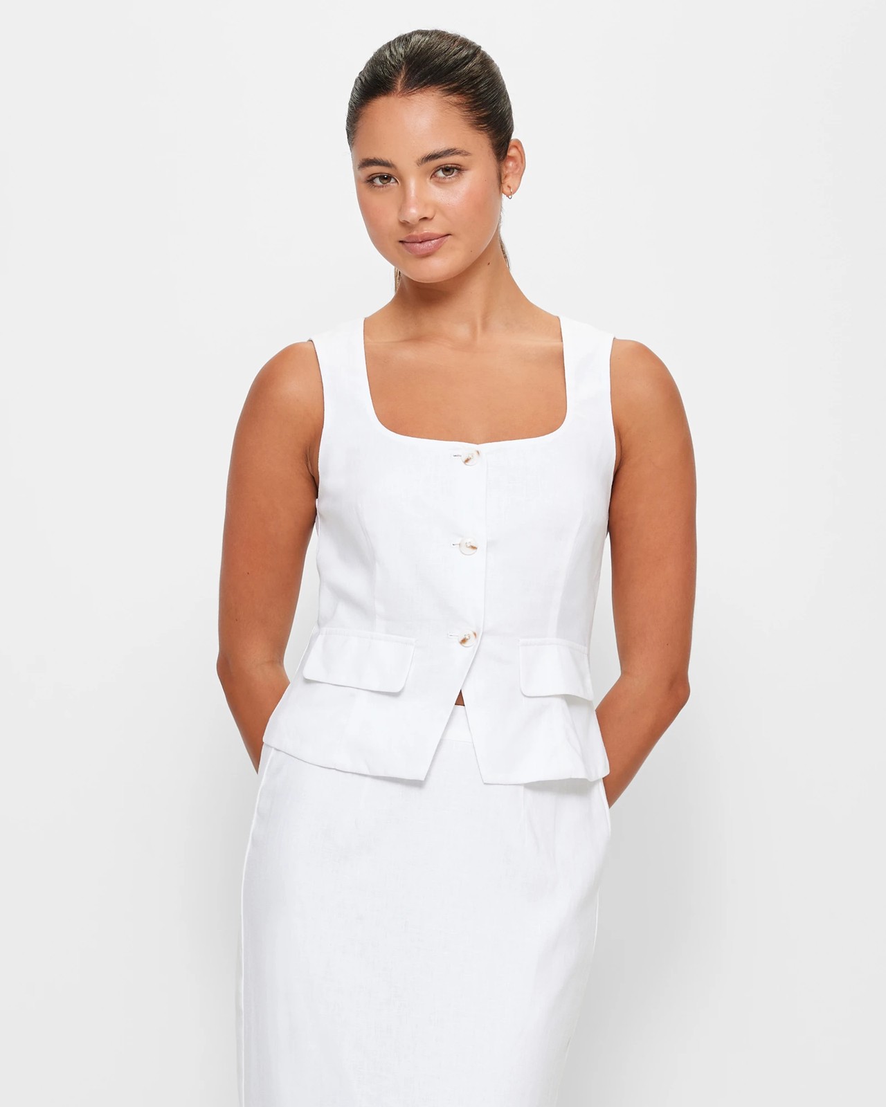 European Linen Blend Longline Waistcoat - Lily Loves - White