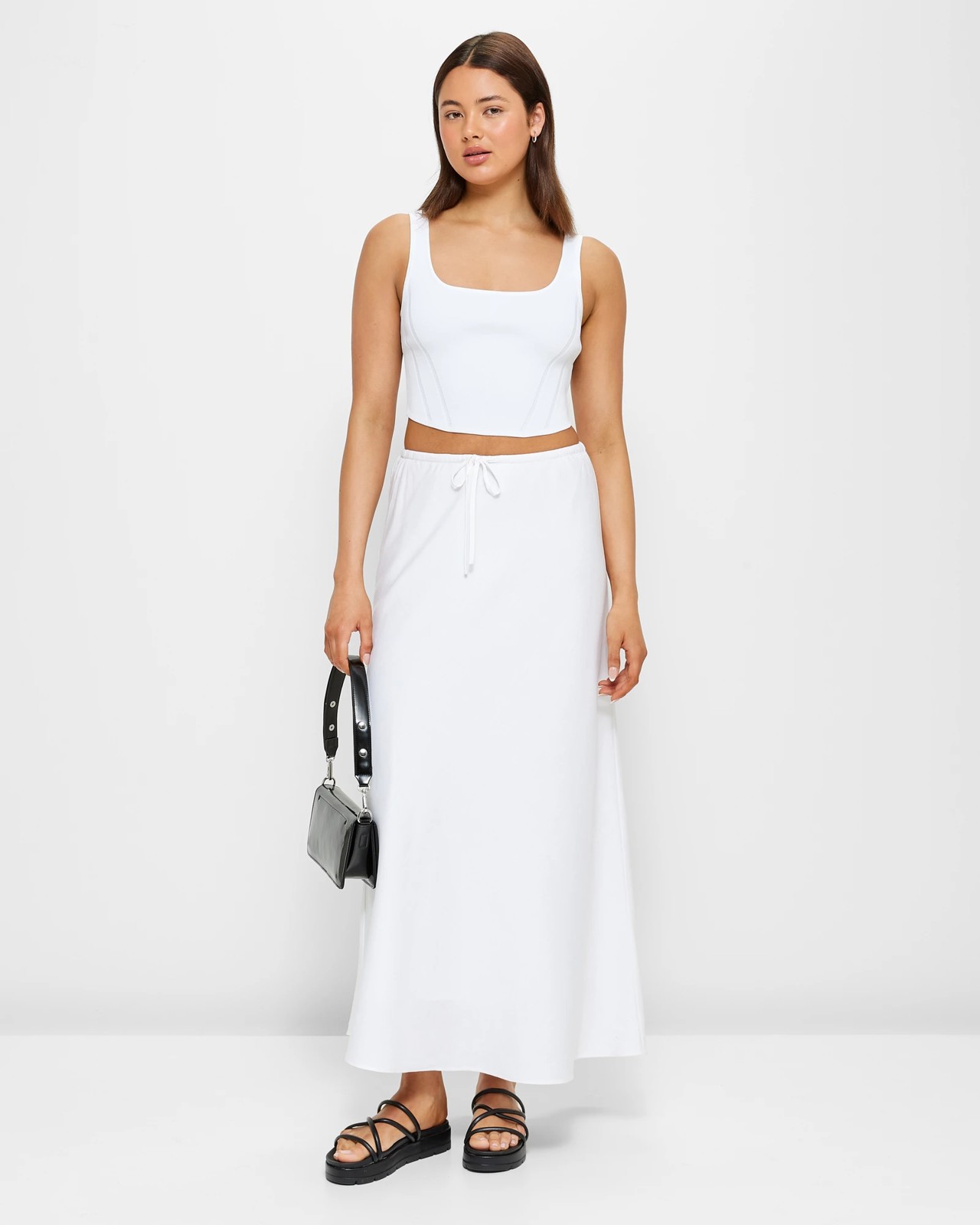 European Linen Blend Bias Cut Midi Skirt Lily Loves White