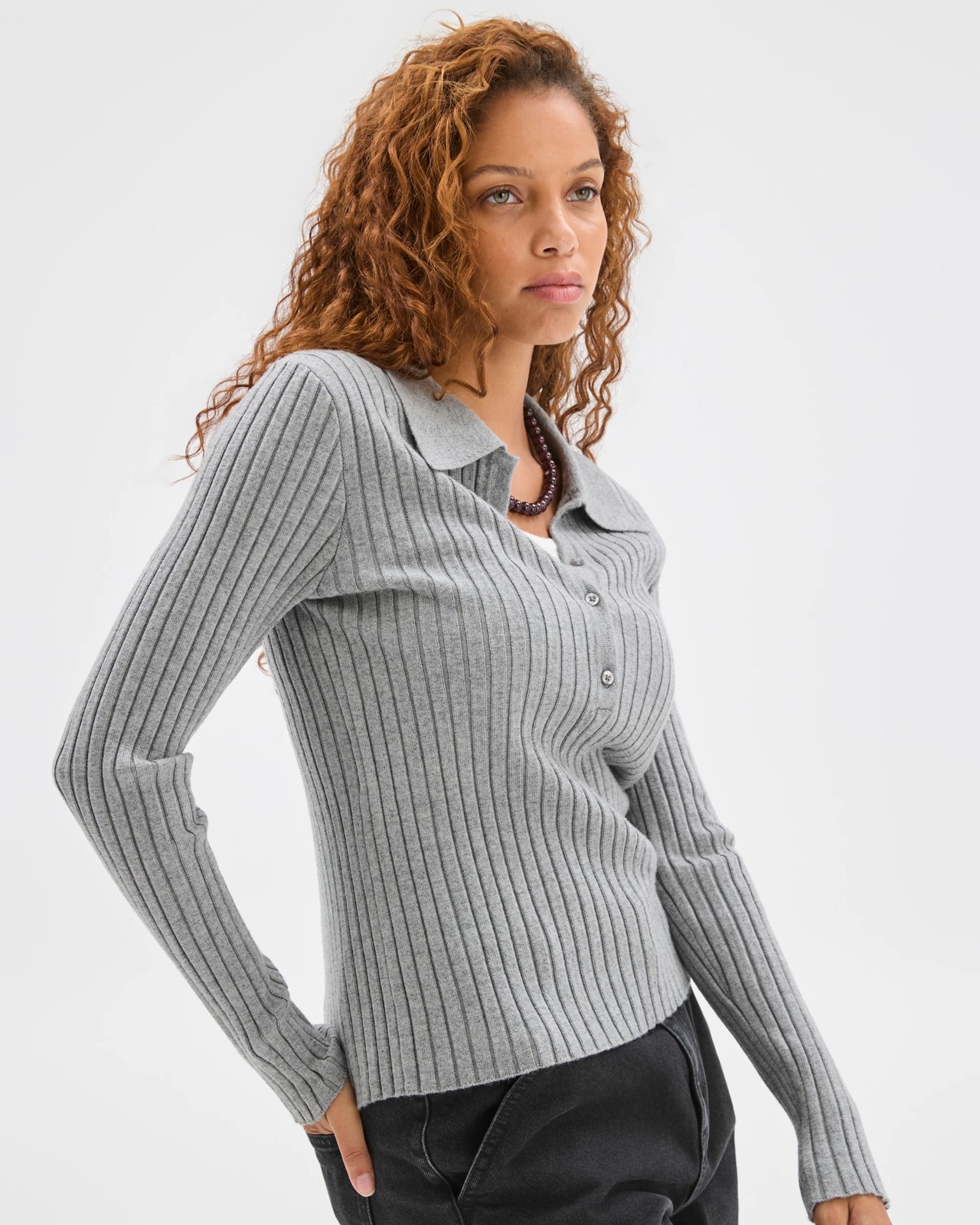 Fine Knit Double Layer Polo Sweater - Mid Grey Marle 4 of 6