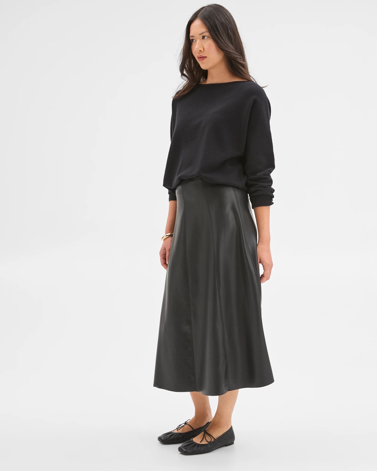 Preview PU Panel A-Line Midi Skirt - Black 4 of 6