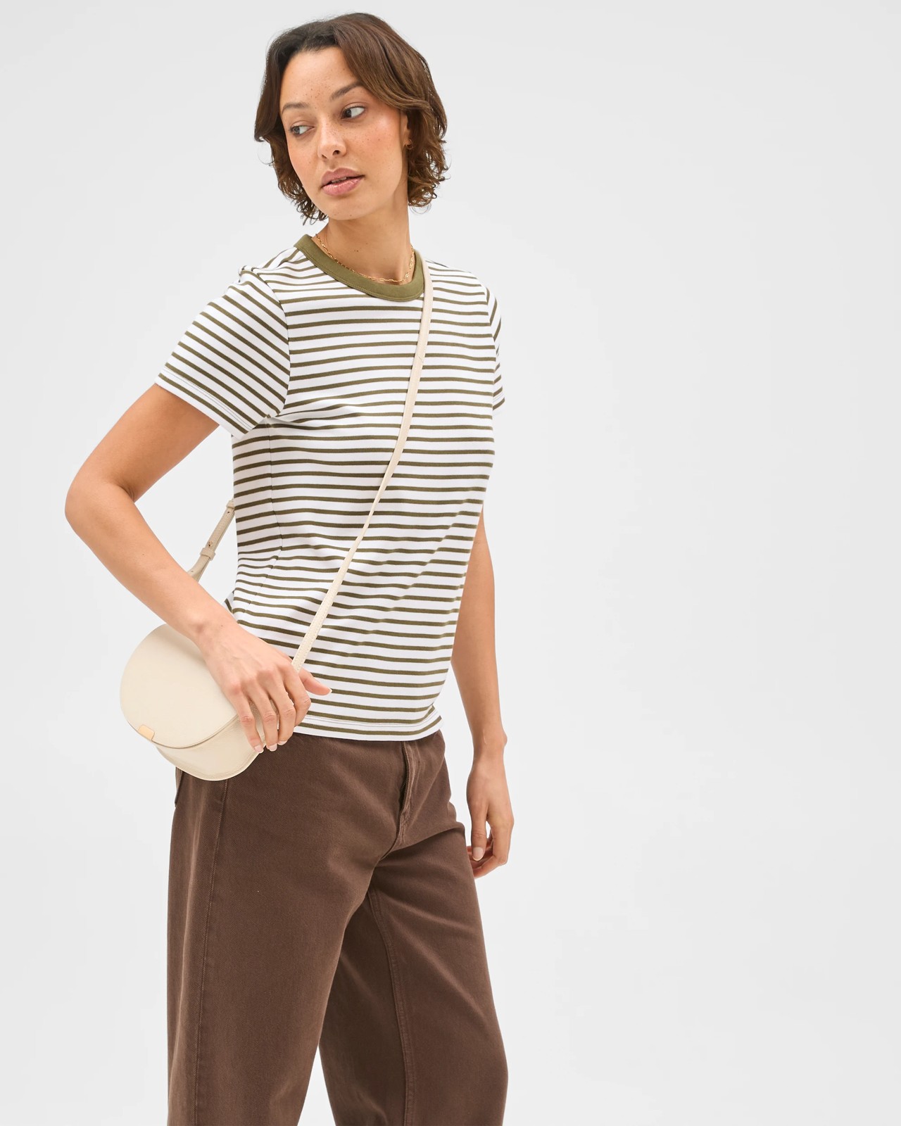 Australian Cotton Interlock Neat T-Shirt - White Deep Moss Stripe 2 of 5