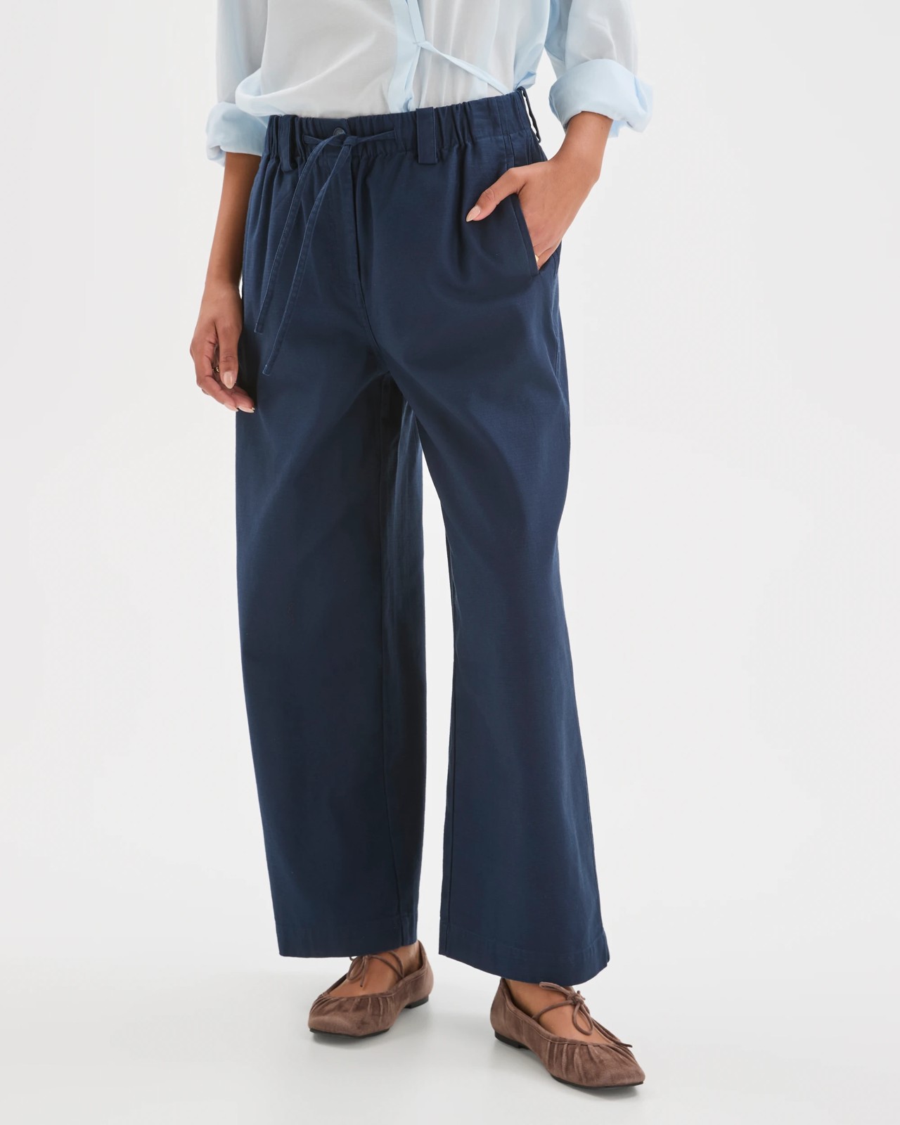 Australian Cotton Wide Leg Textured Pants - Ink Navy 3 of 6