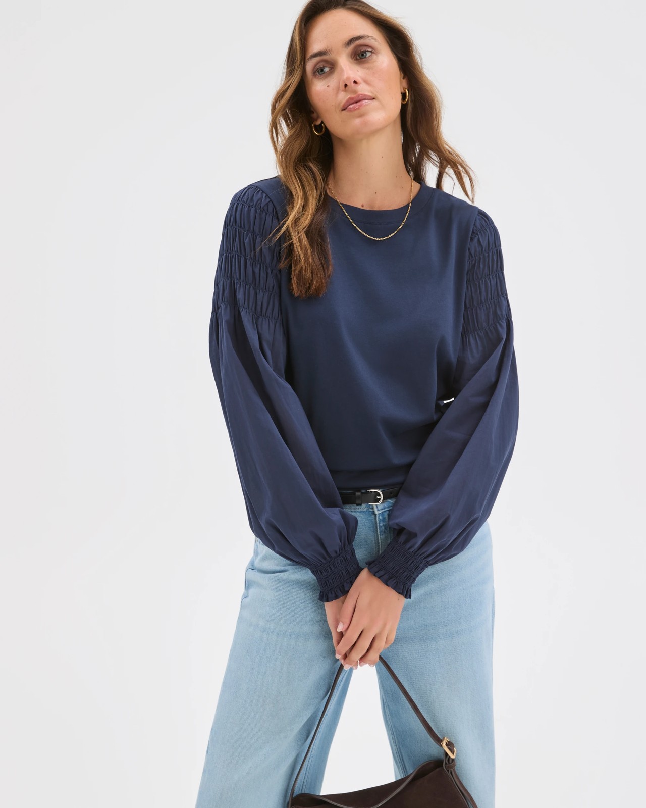 Australian Cotton Long Sleeve Shirred Sleeve Top - Ink Navy 3 of 6