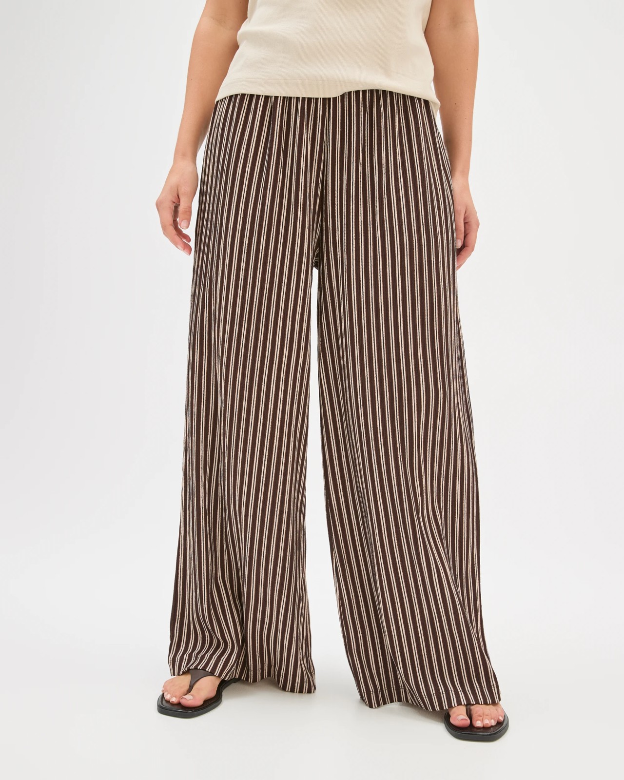 Pull On Textured Wide Leg Pants - Coffee Bean/Black Stripe 3 of 5