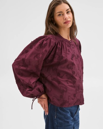 Petites Long Sleeve Embroidered Detail Blouse