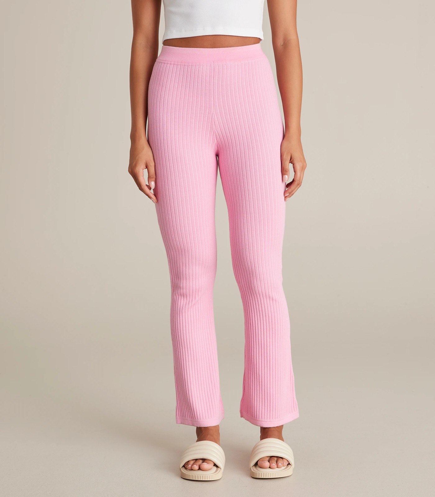 Knit Ribbed Flare Pants - Pink