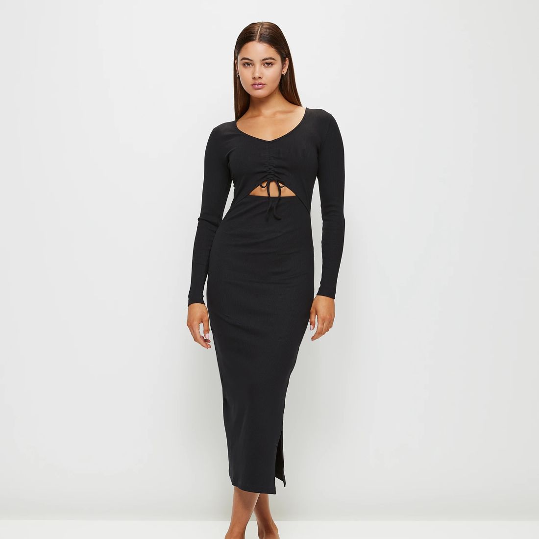 Lily Loves Ribbed Ruched Front Midi Dress Black Target Australia