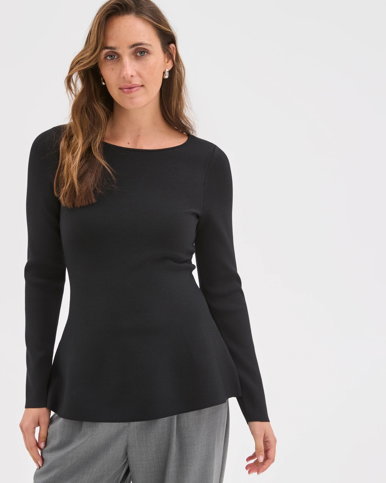 Preview Long Sleeve Peplum Crepe Knit Top - Black 4 of 5