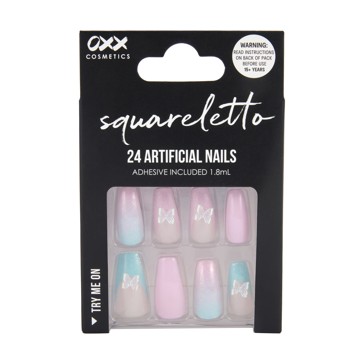24 Pack Artificial Nails with Adhesive, Squareletto Shape, 3D Butterfly - OXX Cosmetics