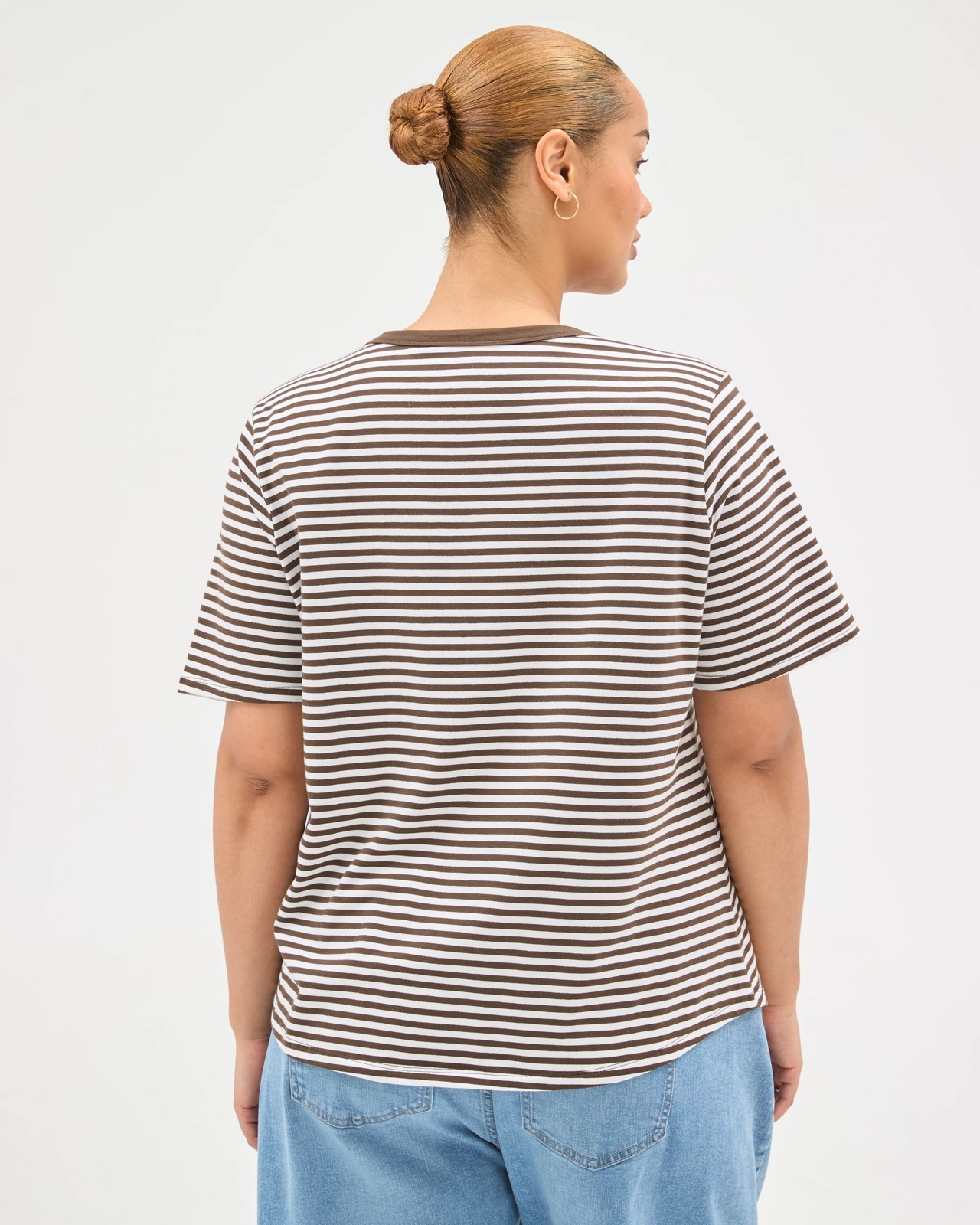 Plus Size Australian Cotton Crew Neck T-Shirt - Chocolate/White Stripe 6 of 6