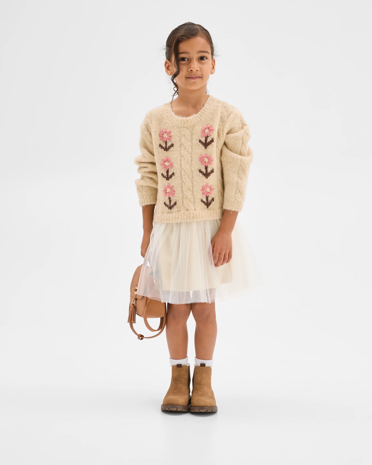 Long Sleeve Knit Sweater Tulle Embroidered Dress - Gardenia Cream 2 of 6