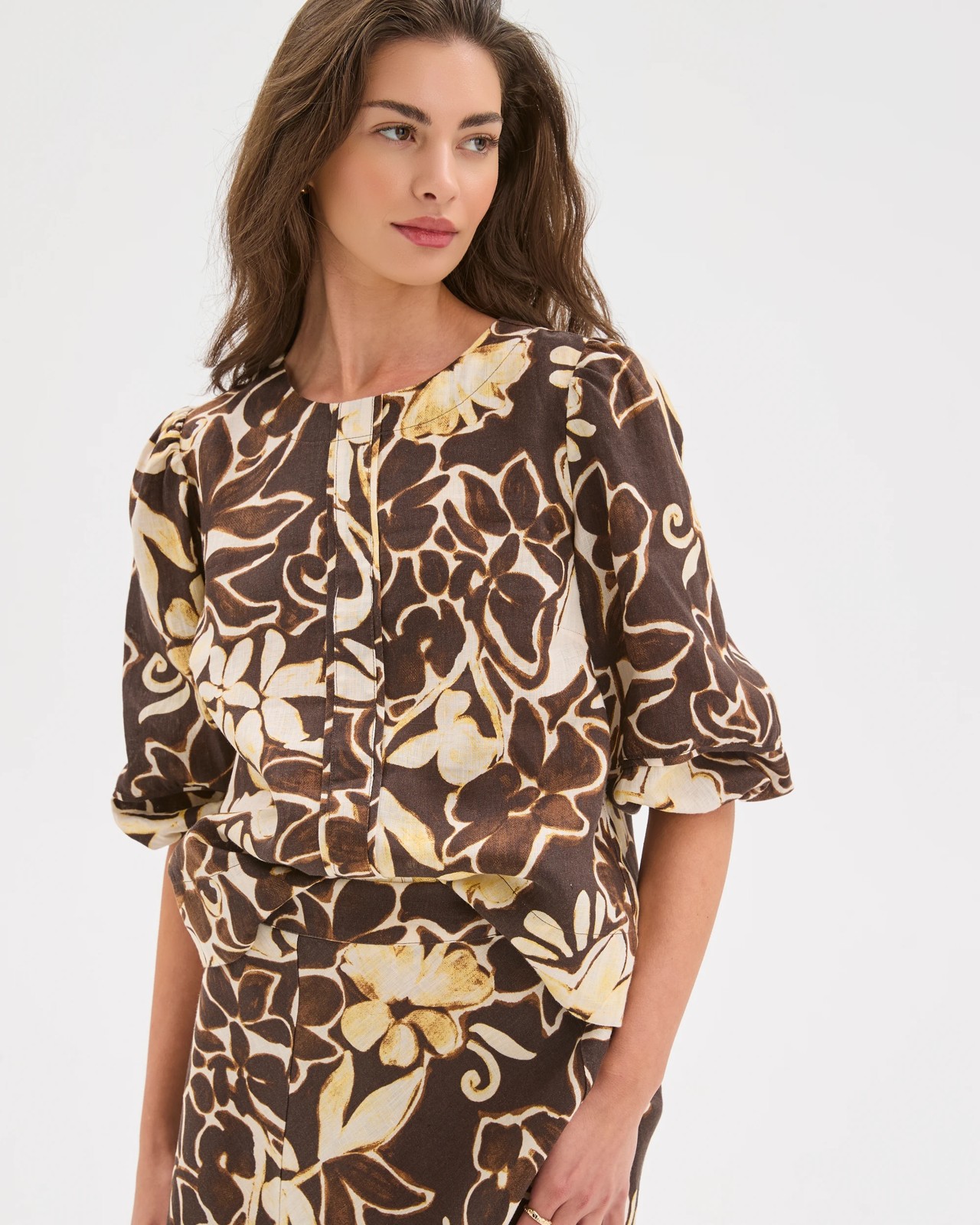 Petites European Linen 3/4 Sleeve Trim Detail Blouse 3 of 6