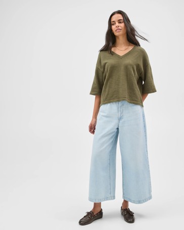 Australian Cotton Blend Boxy V-Neck Knitted T-Shirt