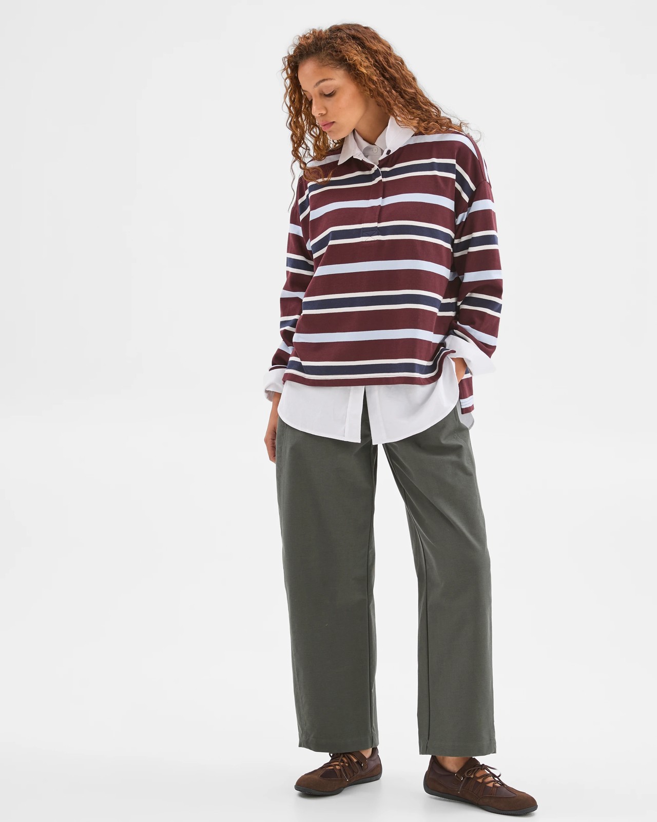 Australian Cotton Long Sleeve Rugby Polo Top - Burgundy Stripe 2 of 6