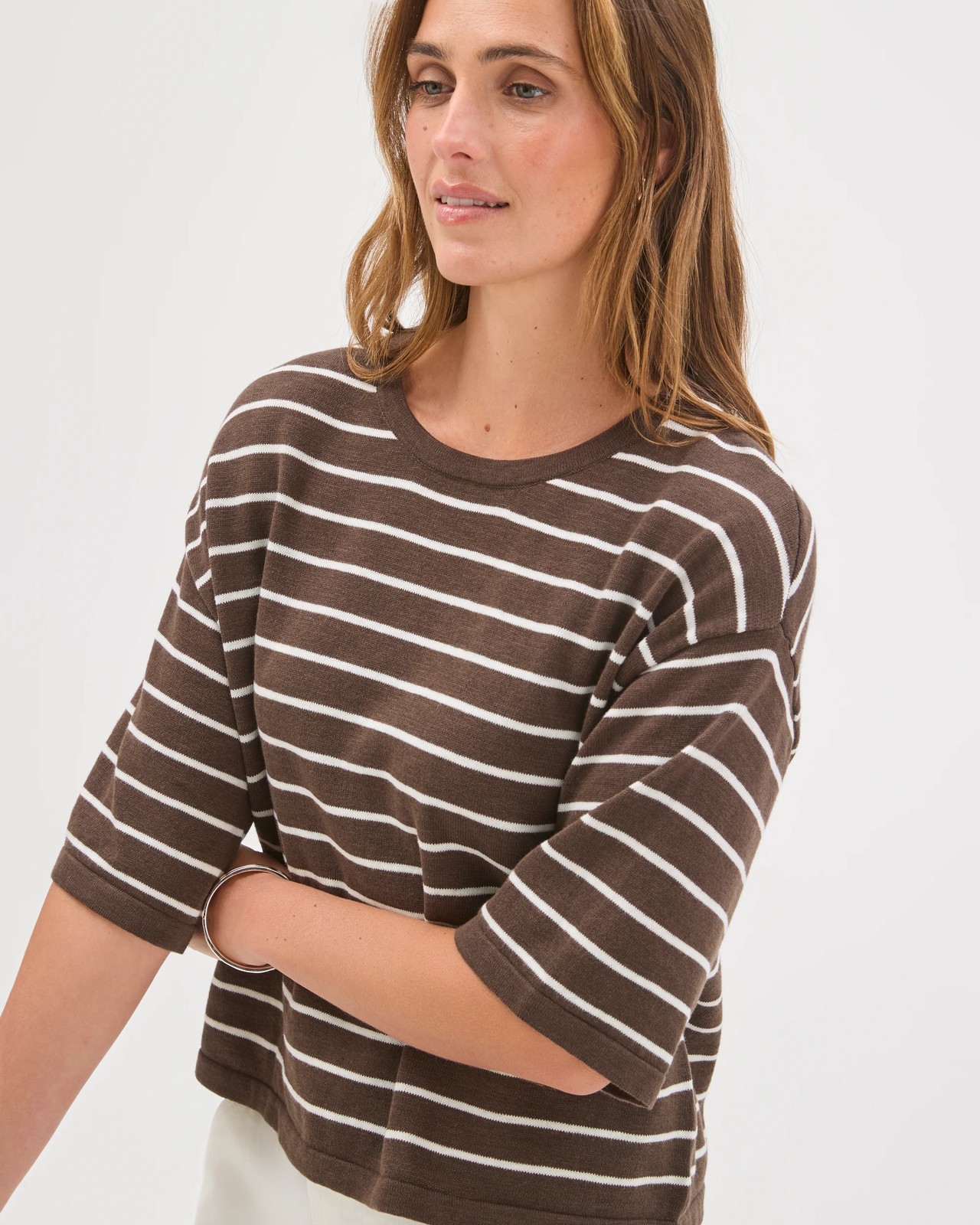 Australian Cotton Blend Drop Shoulder Boxy Knit T-Shirt - Brown Stripe 4 of 6