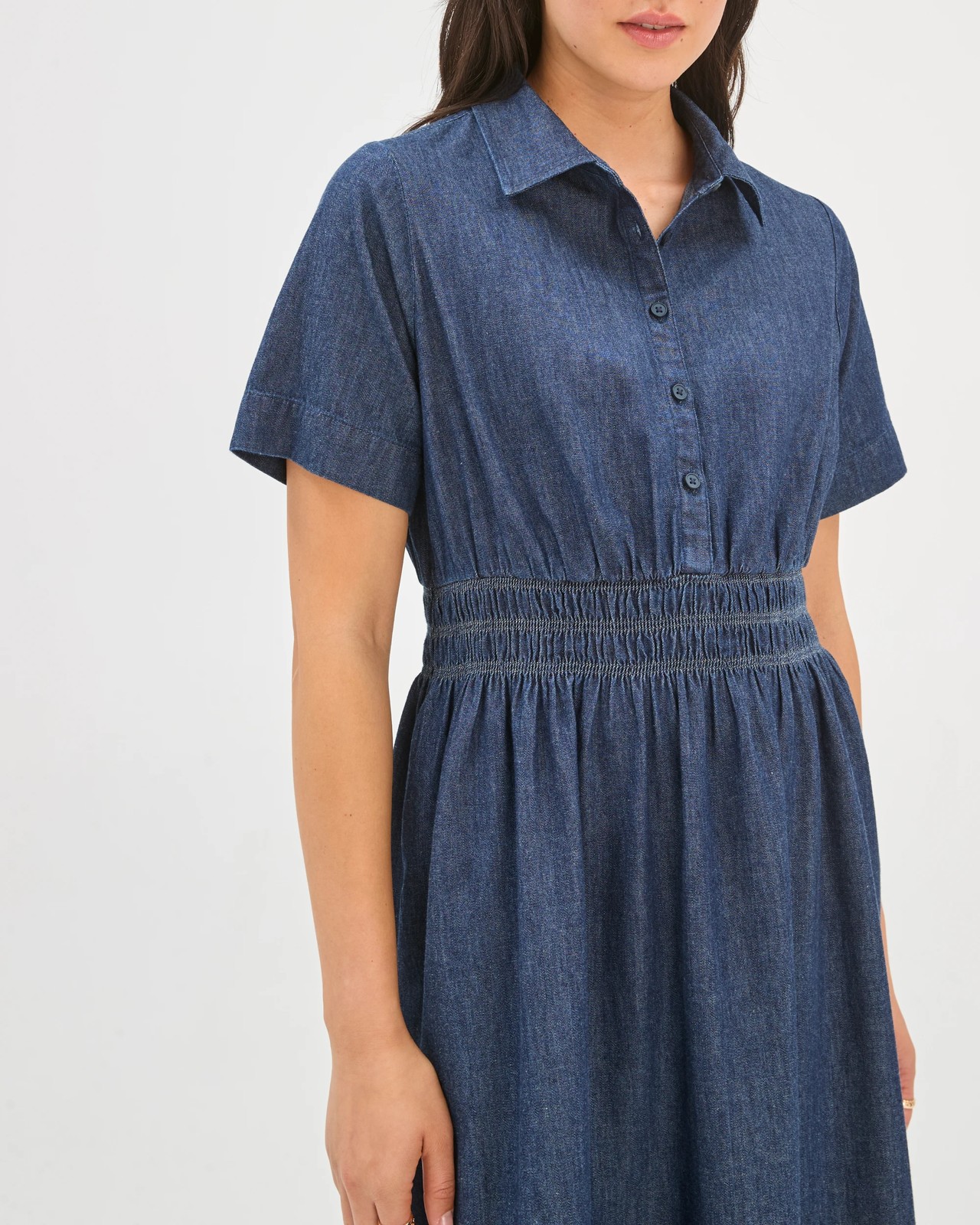 Cotton Shirred Midi Chambray Dress 4 of 6