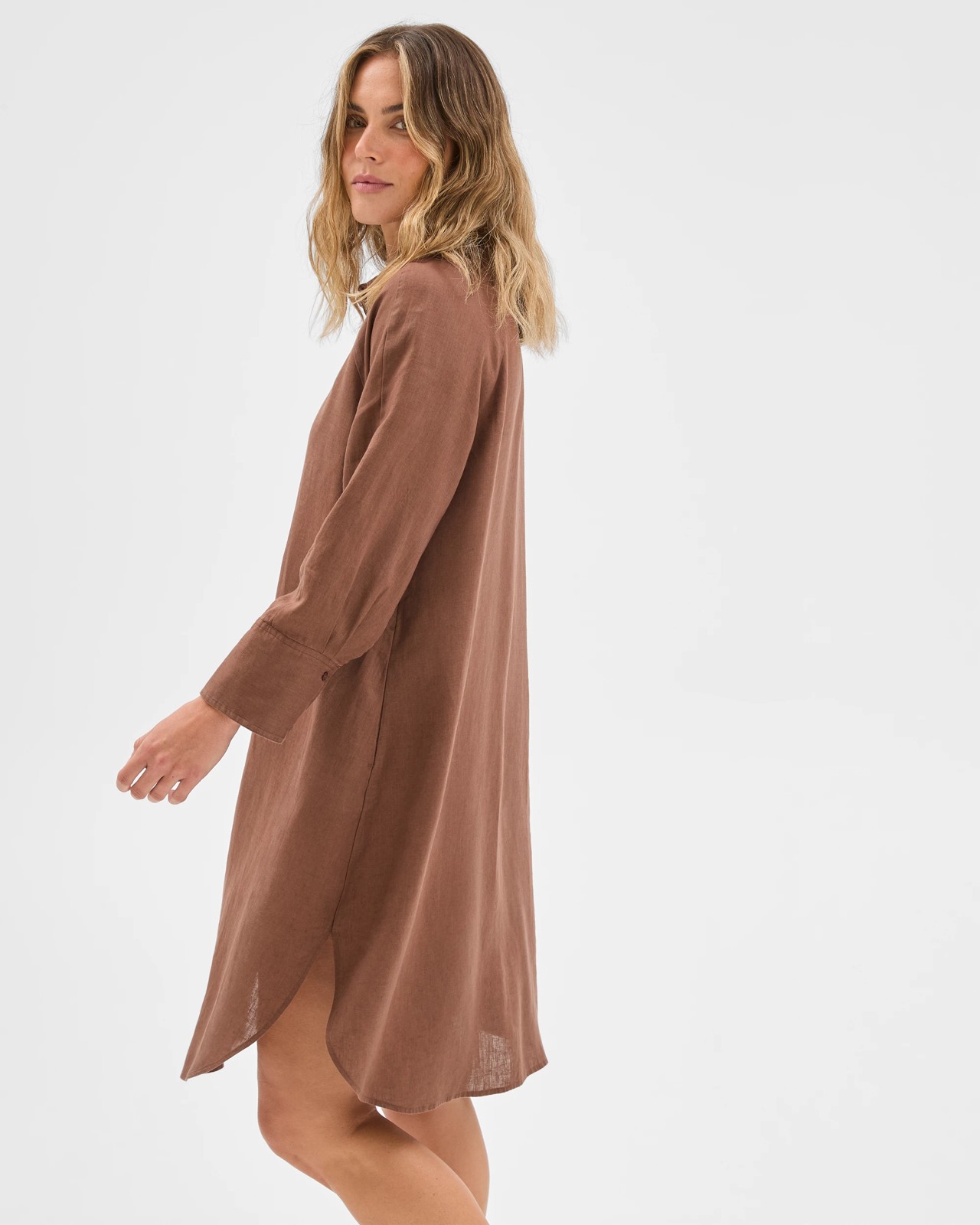 European Linen 3/4 Sleeve Midi Shirt Dress - Warm Brown 4 of 6