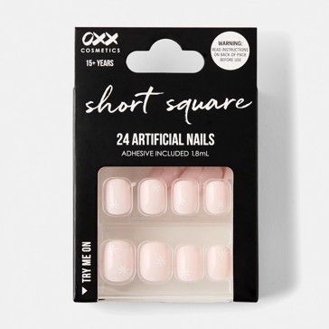 24 Pack Artificial Nails with Adhesive, Short Square Shape, Daisies - OXX Cosmetics