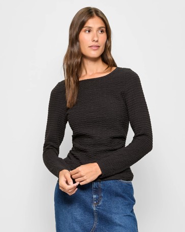 Long Sleeve Crinkle Texture Boat Neck Top
