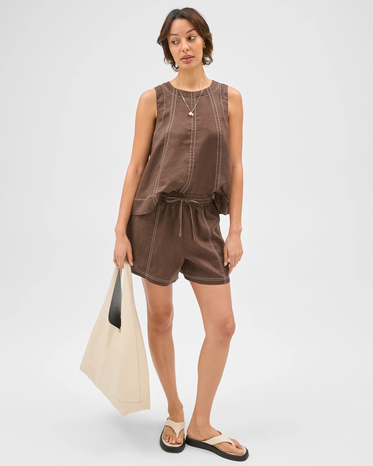 European Linen Contrast Stitch Shorts - Coffee Bean 2 of 5