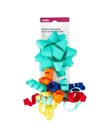 2 Piece Grosgrain Bow and Ribbon Set, Brights - Anko