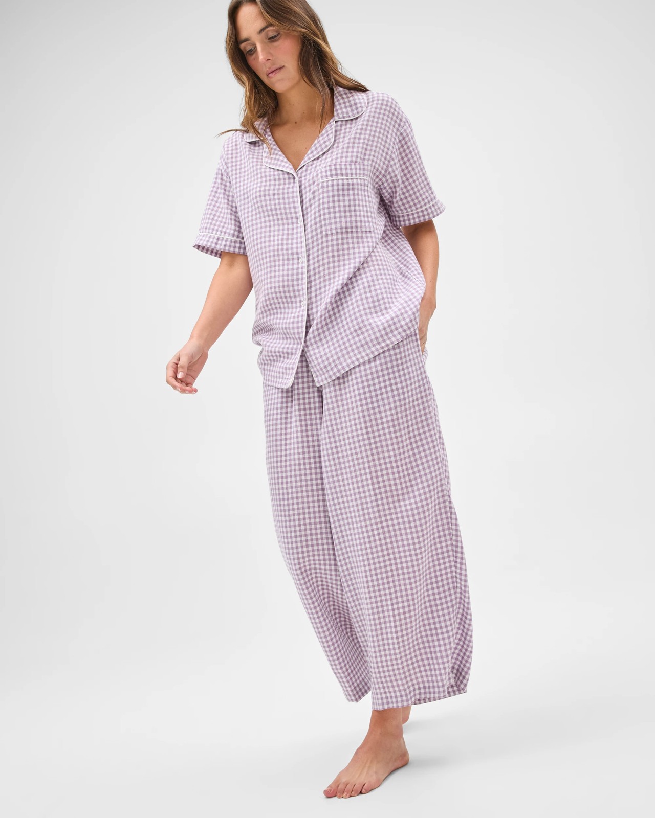 Linen Blend 7/8 Length Pyjama Set - Purple gingham 2 of 6