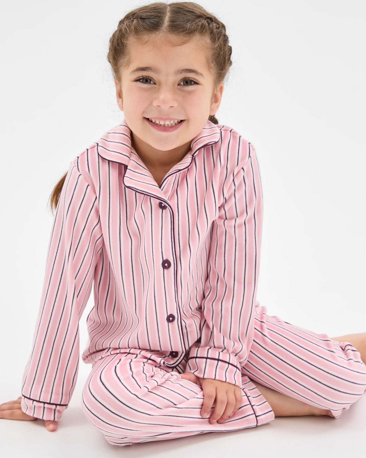 Younger Girls Button Through Fleece Pyjama Set - Stripe 4 of 6
