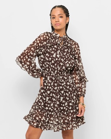 Petites Long Sleeve Ruffle Mini Dress