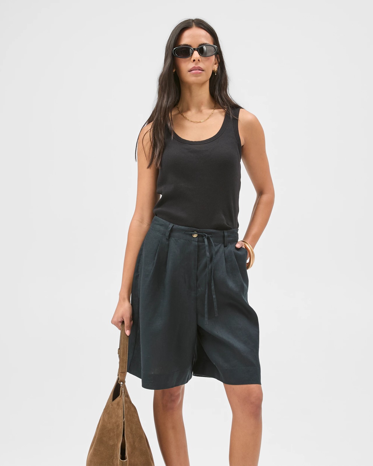 Australian Cotton Blend Scoop Neck Tank Top with Shelf Bra - Black 2 of 5