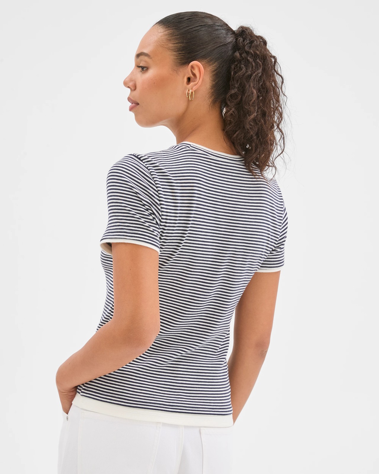 Soft Touch Double Layer Fitted T-Shirt - Ink Navy/Cloud Dancer Stripe 6 of 6