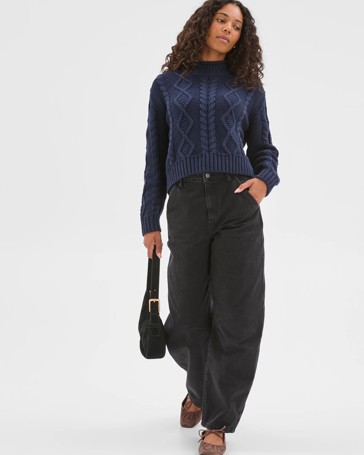 Australian Cotton Blend Roll Neck Cable Knit Jumper