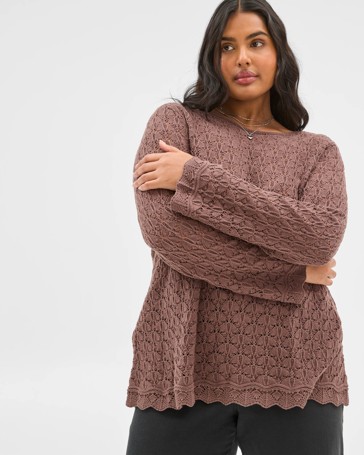 Plus Size Long Sleeve Crochet Knit Top