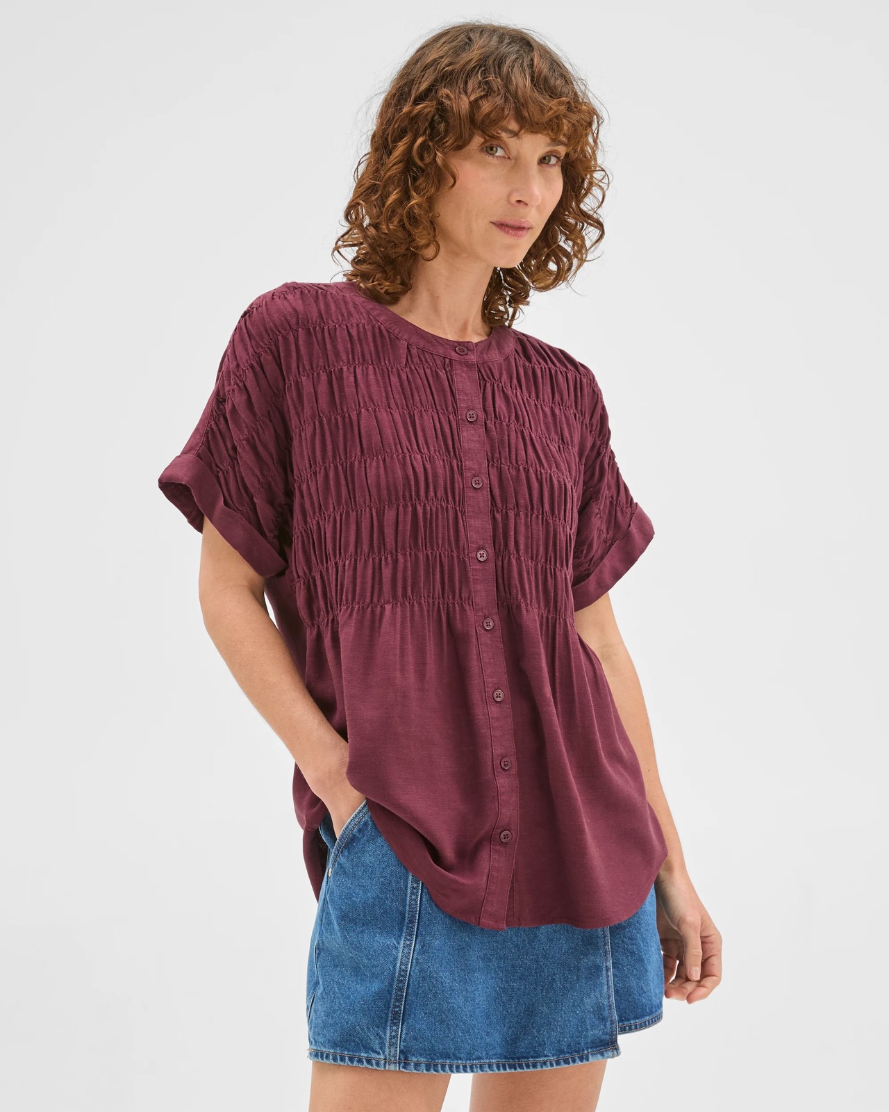 Short Sleeve Shirred Button Through Top 3 of 6