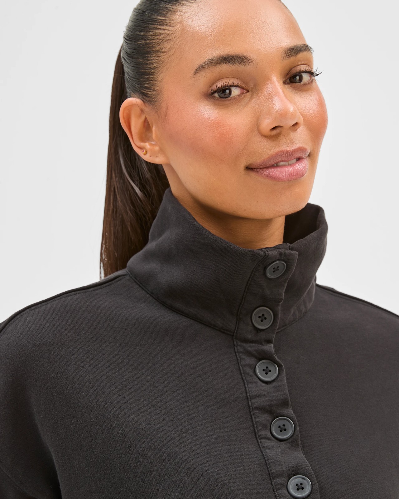 Australian Cotton Funnel Neck Button Front Jumper - Washed Black 4 of 5