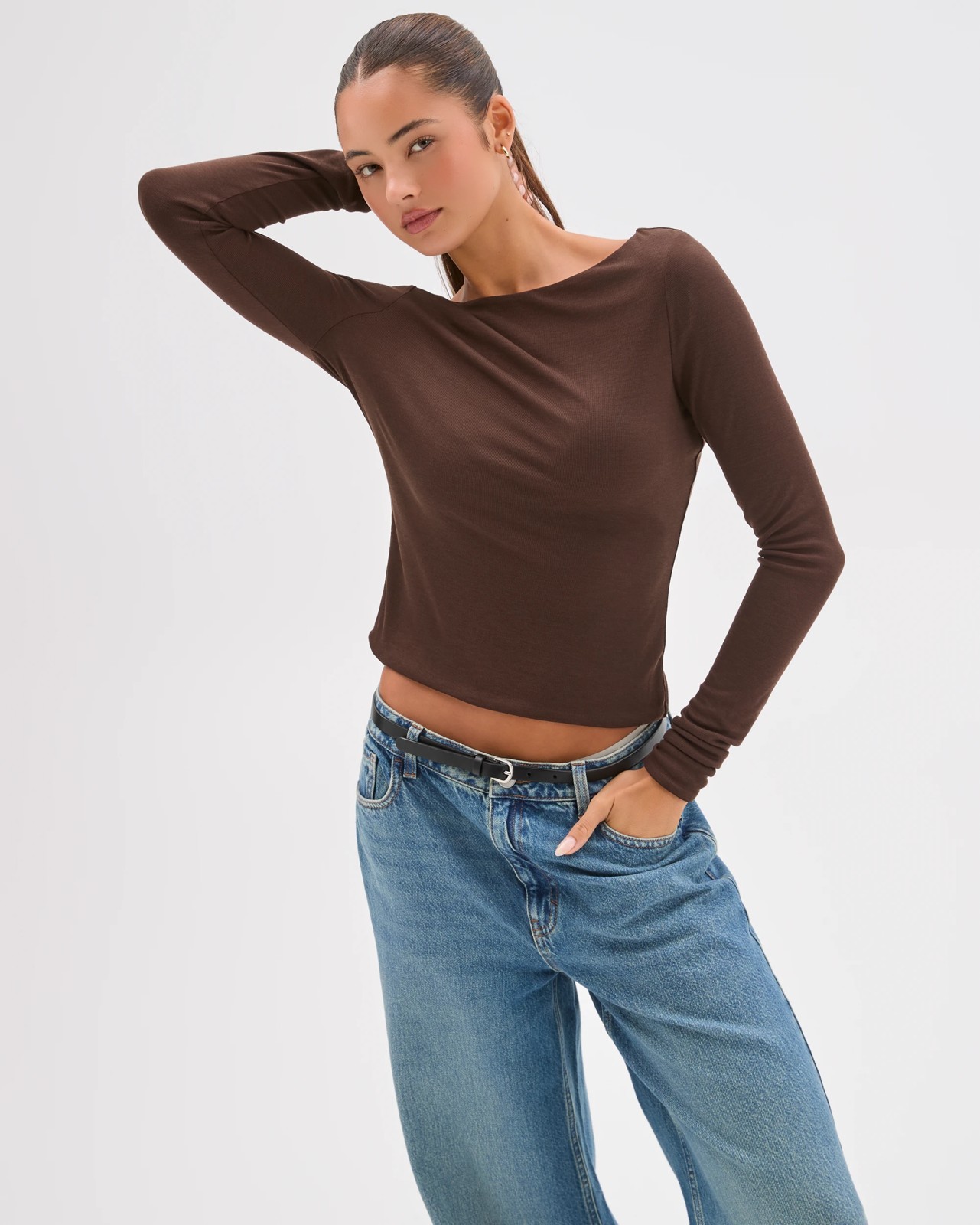 Lily Loves Double Layer Boat Neck Long Sleeve Top - Brown 4 of 5